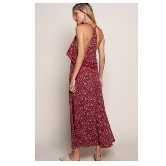 𝅺floral Ruffle Maxi Dress Featuring Red Base Print - Picture 5 of 16
